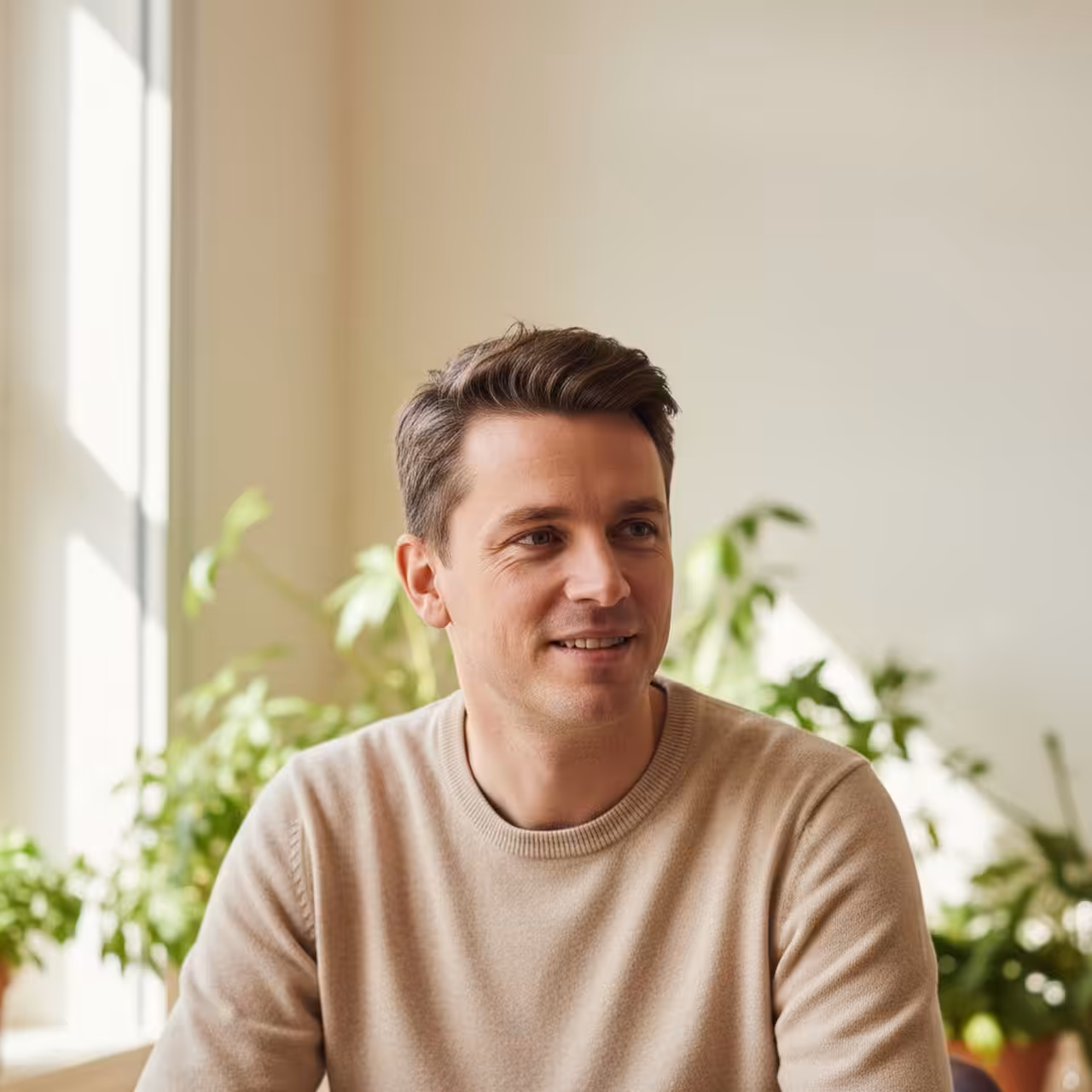 Homme souriant, intérieur lumineux, plantes en arrière-plan.